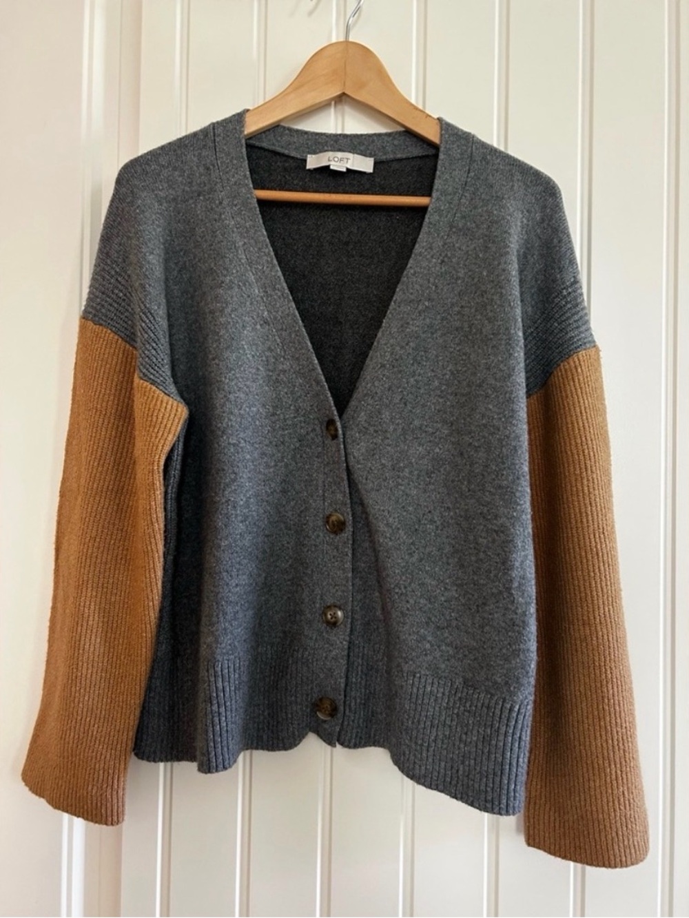 LOFT Two-Tone V-Neck Button Cardigan Sweater - Gray & Carmel Brown